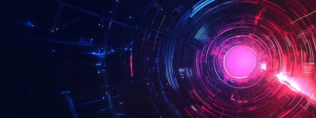 Fototapeta premium Abstract digital background with glowing pink circle and red light in a neon tunnel.