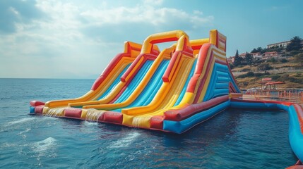Fototapeta premium Inflatable bounce house water slide on the sea