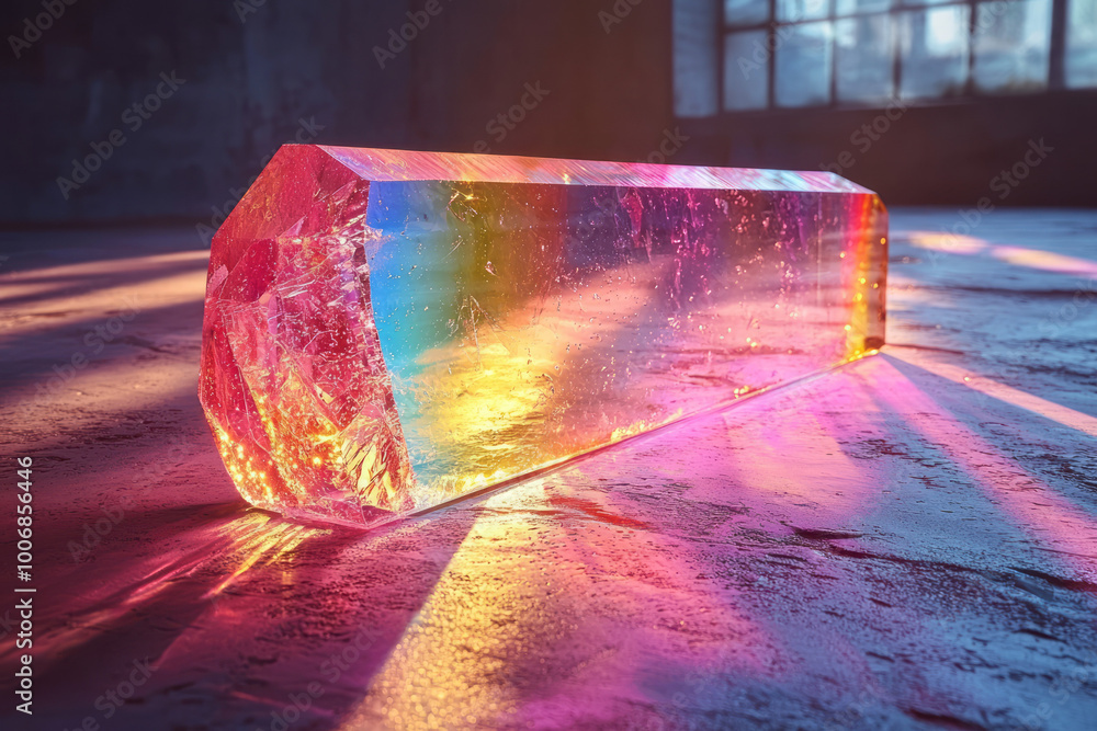 Poster a light beam passing through a glass prism, creating a rainbow spectrum, isolated on a pastel backgr