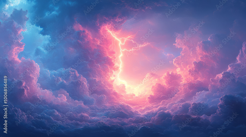 Aufkleber a lightning bolt striking down from a stormy cloud, floating on a soft pastel canvas,