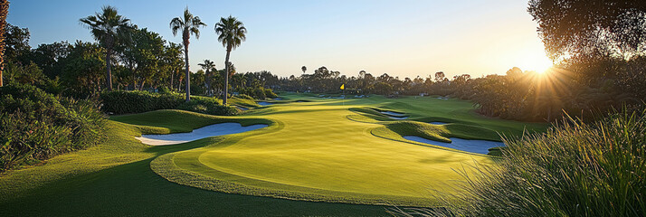A perfectly manicured golf course with rolling hills and sand bunkers, floating on a pastel surface,