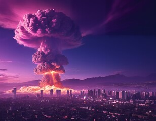 Nuclear explosion of an atom bomb with a mushroom cloud causing an apocalyptic Armageddon through the use of a weapon of mass destruction