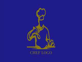 Cook, chef preparing a dish, logo design with blue background and yellow gold color image, restaurant and catering, design and vector illustration