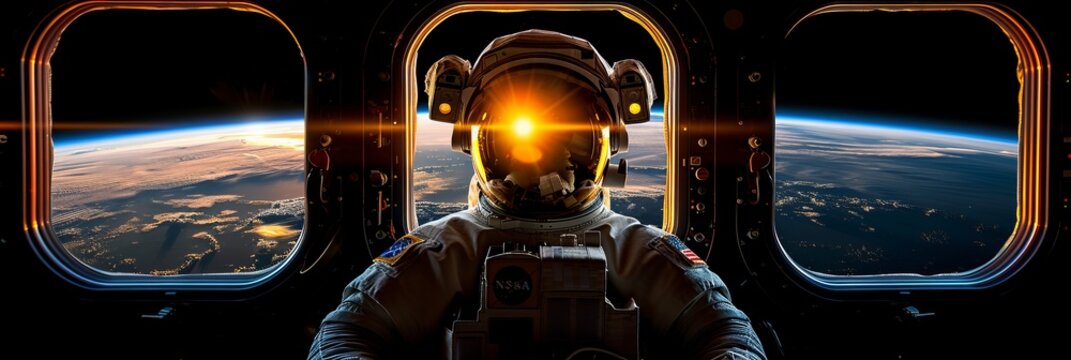 Astronaut Silhouette in Space Station, Earth View from Window, Space Travel and Exploration