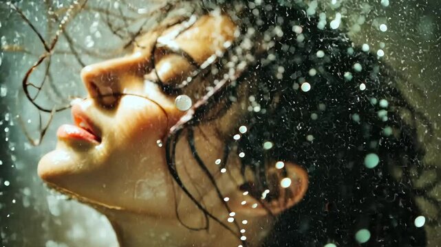 A woman with dark hair is standing in a shower and getting wet