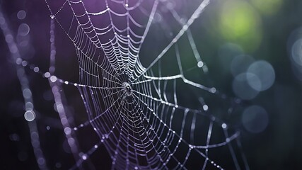 abstract eerie glowing purple closeup of a spiderweb on misty background, bokeh background