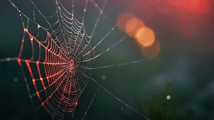 abstract eerie glowing red closeup of a spiderweb on misty background, bokeh background