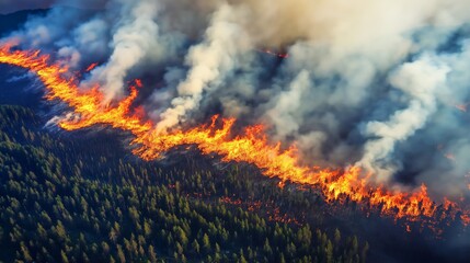 Aerial view of a massive wildfire spreading through a dense forest, a wall of flames and smoke advancing, rapid devastation across the landscape, selective focus

