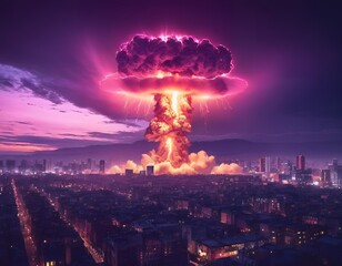 Nuclear explosion of an atom bomb with a mushroom cloud causing an apocalyptic Armageddon through the use of a weapon of mass destruction