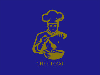 Cook, chef preparing a dish, logo design with blue background and yellow gold color image, restaurant and catering, design and vector illustration