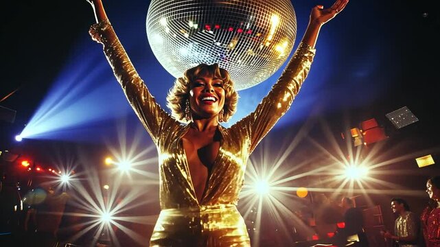 Vintage 1970 Disco Scene with Woman in Gold Outfit and Disco Ball Lighting