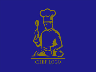 Cook, chef preparing a dish, logo design with blue background and yellow gold color image, restaurant and catering, design and vector illustration