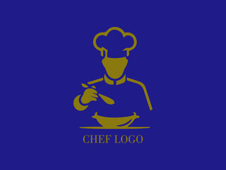 Cook, chef preparing a dish, logo design with blue background and yellow gold color image, restaurant and catering, design and vector illustration