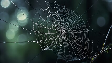 Fototapeta premium abstract eerie glowing black closeup of a spiderweb on misty background, bokeh background