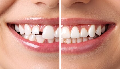 Before and after comparison of a dental implant surgery, showing the transformation of missing teeth to a full, natural-looking smile.
