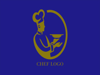 Cook, chef preparing a dish, logo design with blue background and yellow gold color image, restaurant and catering, design and vector illustration