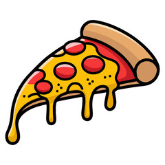 Cartoon Style Pizza Slice Illustration with Dripping Cheese and Golden Crust on Transparent Background
