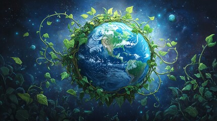 Naklejka premium A surreal illustration of planet Earth enveloped in green vines, symbolizing the connection between nature and the universe.