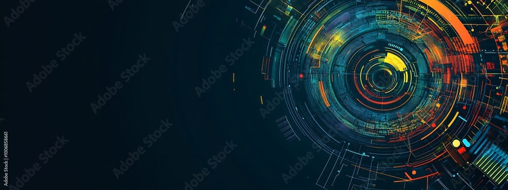 Poster Abstract digital technology background with colorful concentric circles and lines on a dark blue background.