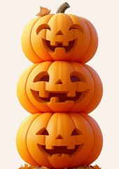 A stack of three bright orange carved pumpkins with cheerful expressions isolated on white, symbolizing Halloween celebration, fun, and autumn festivity in a playful and decorative arrangement