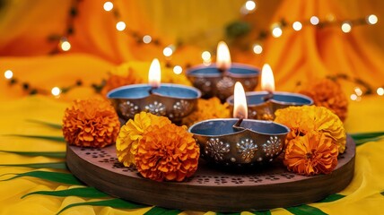 Obraz premium A vibrant festive Diwali scene with glowing oil lamps (diyas) surrounded by marigold flowers and colorful rangoli patterns, illuminated by warm golden light. A decorative and joyful holiday atmosph