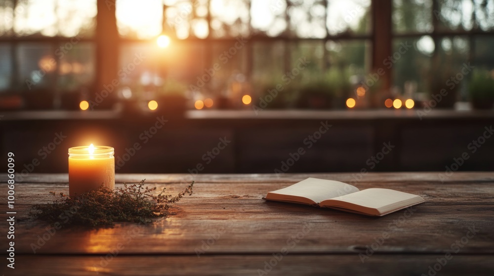 Poster a tranquil setting features a rustic wooden table illuminated by a single candle, with an open journ