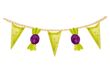 Watercolor festive illustration, garland with bright flags and candies, isolated on a white background. Illustration for various products, Halloween decor, etc.