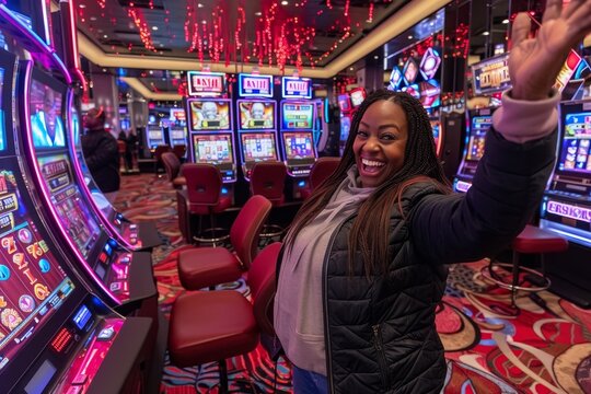Joyful black woman celebrates in vibrant casino with colorful slot machines and bright lights