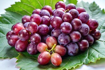 Fototapeta premium Cluster of ripe grapes resting on a large green leaf.