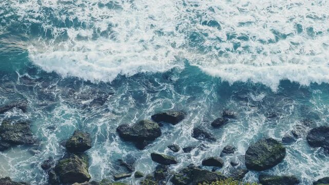 Majestic ocean waves power of ocean aerial top view rhythmic beauty and relentless force of nature. Nature rhythmic dance mesmerizing patterns of ocean waves roll toward shore beauty and power.