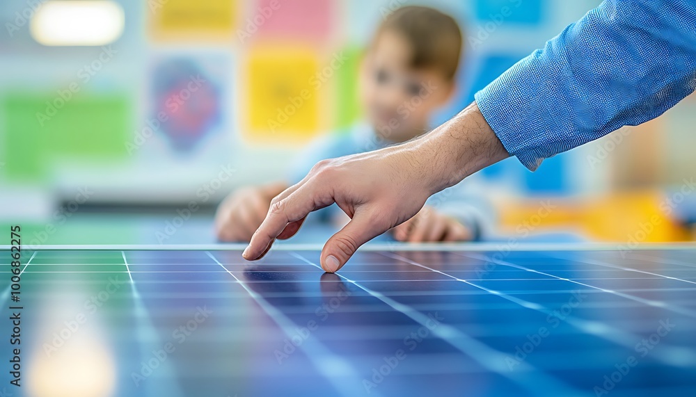 Poster engineer and child exploring solar panel diagram on tablet