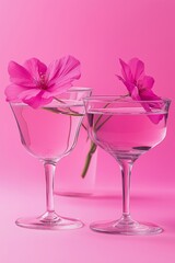 Two elegant glassware pieces with pink flowers on a subtle backdrop reflect simplicity and refined elegance.