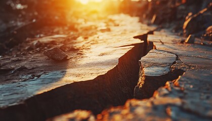 Close-up of a deep crack in the ground after an earthquake, sunlight illuminating the fractured earth, a powerful visual of nature’s destruction, selective focus

