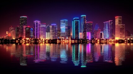 Naklejka premium Vibrant Cityscape: Neon-Lit Skyscrapers Reflected in the Water