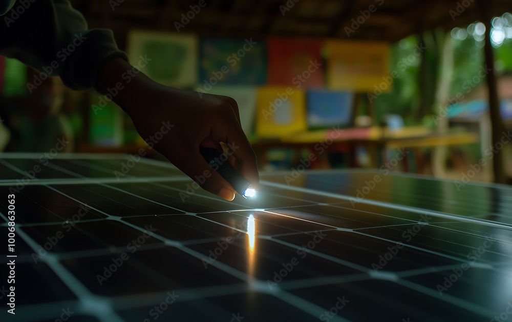 Poster Engineer Demonstrating Solar Panel Functionality with Flashlight