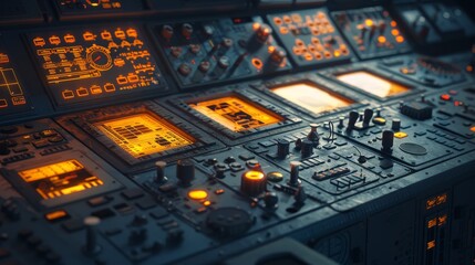 nuclear reactor control room, with glowing control panels and complex instruments