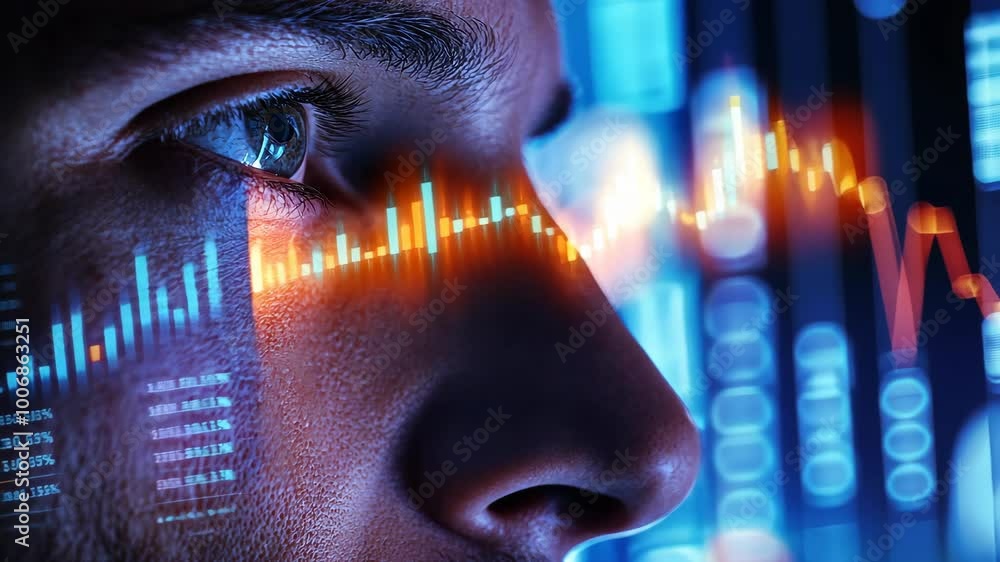 Aufkleber a person looks intently at a computer screen with stock market data displayed