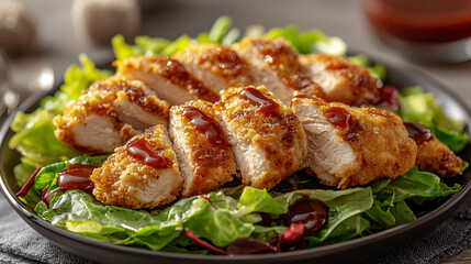Crispy chicken cutlet served on bed of fresh salad, drizzled with sauce, creating delicious and appetizing meal. Perfect for lunch or dinner