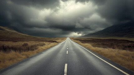 Fototapeta premium Driving on the road, A wide road with dark storm clouds overhead, leading to an unknown destination. The sky is filled with ominous black and gray hues, creating the perfect backdrop for adventure