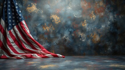 A beautifully draped American flag showcased against an artistic and vibrant background
