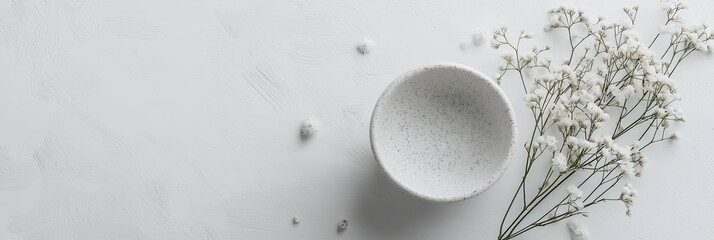A speckled bowl and small blossoms on a textured white backdrop, evoking minimalism and serenity.