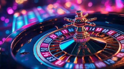 Close-Up of Roulette Wheel with Spinning Ball in Casino under Neon Lights and Blurred Background