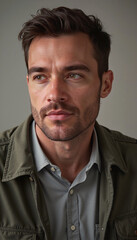 Obraz premium Handsome young man with contemplative expression, close-up portrait against neutral background 