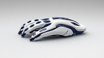Obraz premium Futuristic Robotic Hand: A sleek and modern white robotic hand with blue accents, showcasing cutting-edge technology and the potential of artificial intelligence.