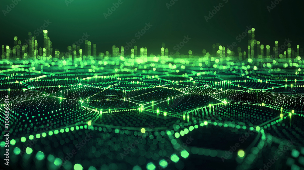 Poster futuristic green digital landscape with glowing hexagonal patterns creates mesmerizing visual experi