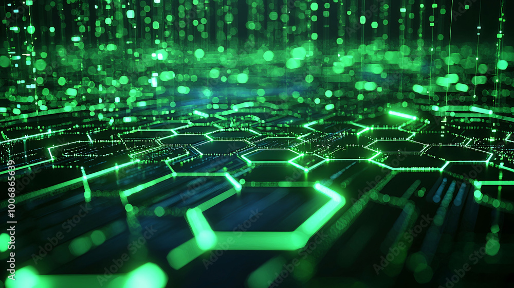 Poster futuristic green digital landscape with glowing hexagonal patterns creates mesmerizing visual experi