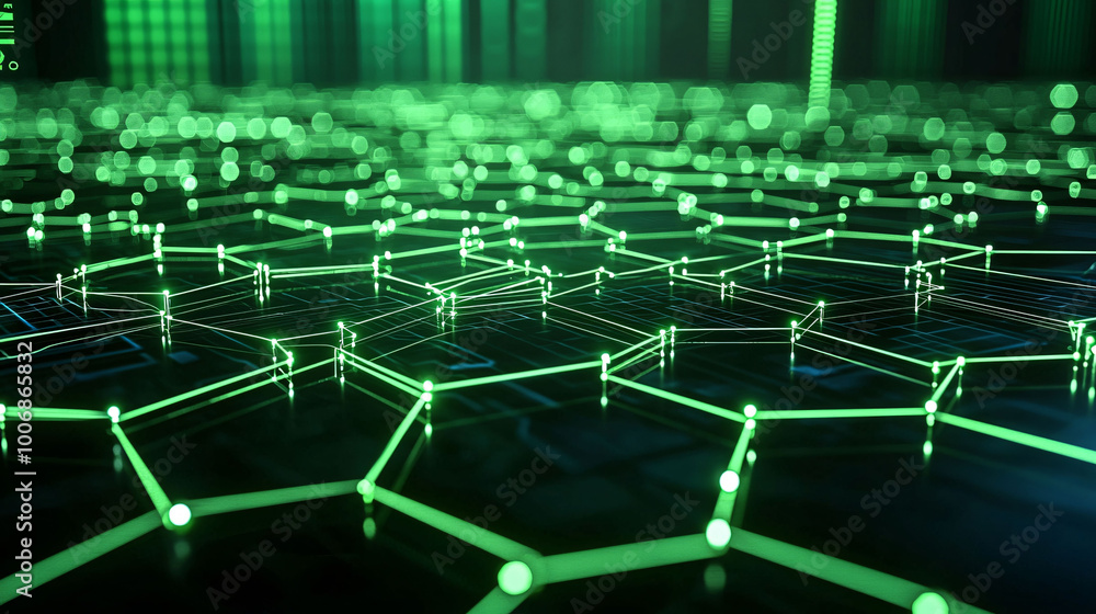 Poster futuristic green digital landscape featuring glowing hexagonal patterns and interconnected lines, cr