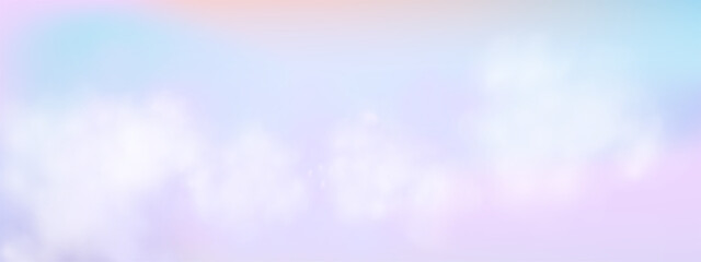 Illustration of a sky with warm orange and pink hues, scattered clouds lit by the setting sun. Depicts a peaceful sunset in late afternoon during summer or spring.  © gala