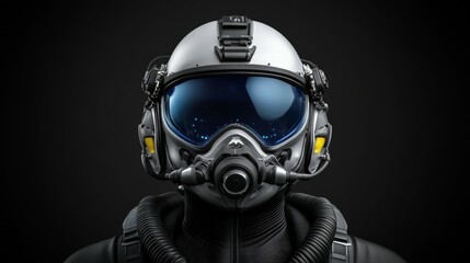 High-Tech Pilot Helmet: Close-up of a futuristic pilot helmet with advanced features, set against a dramatic dark background.