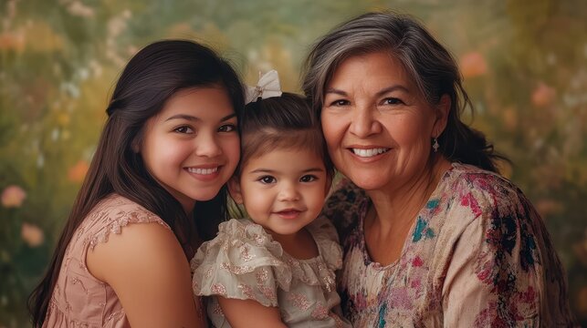 three generations family portrait of a woman with her adult daughter and toddler grandchild